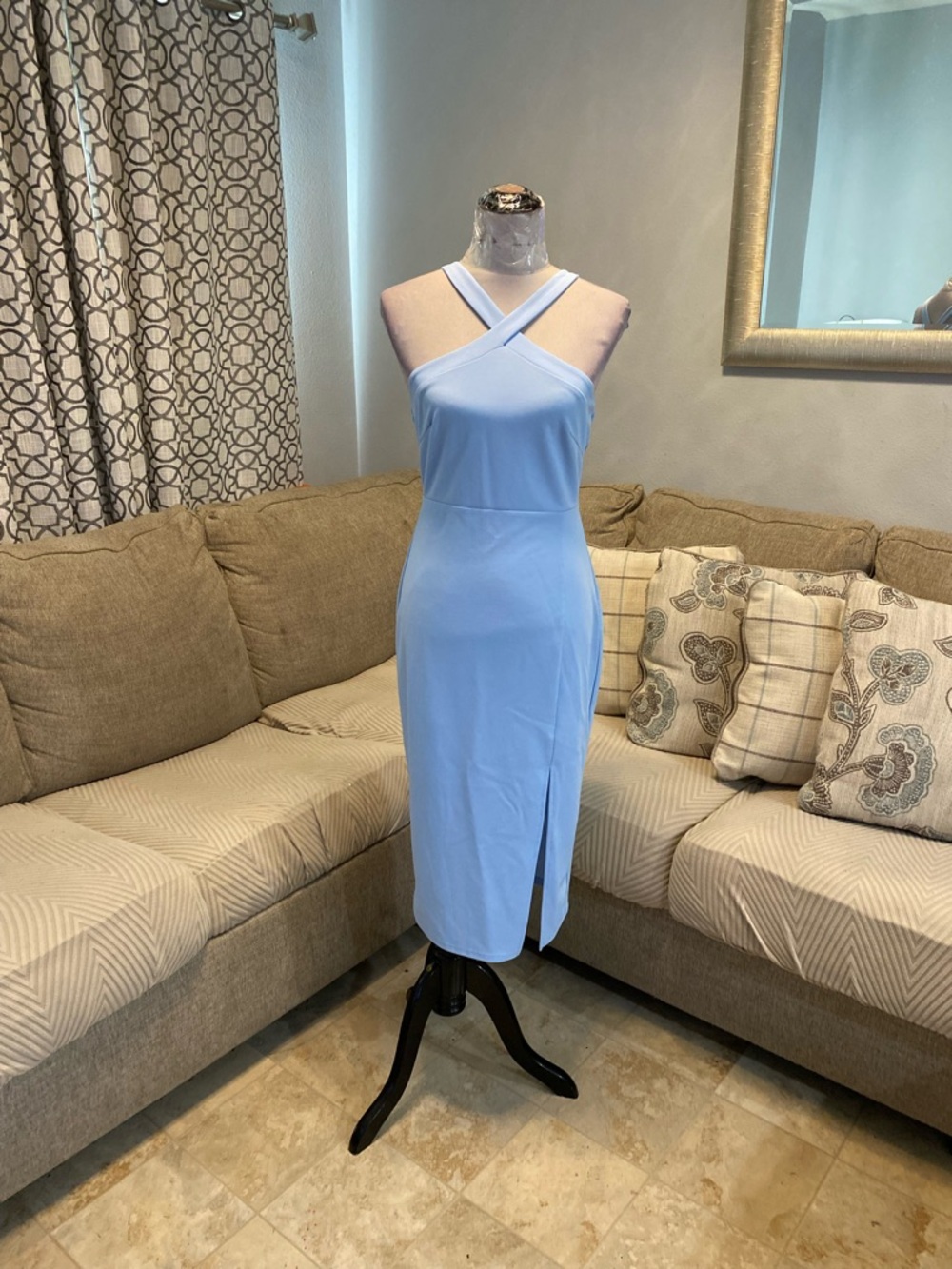 Women Medium light blue midi dress with elegant crisscross halter neckline